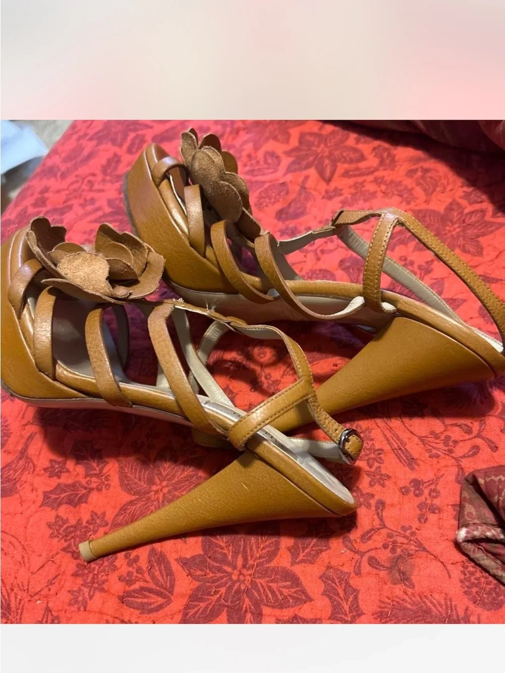 Valentino Brown Leather Floral Strappy Heels